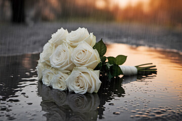 White rose wedding bouquet in puddle during heavy rain. Dramatic image symbolizes heartbreak and the emotional weight of a ruined wedding