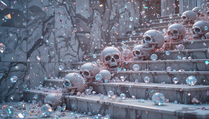 Surreal Scene of Skulls and Bubbles on Marble Steps