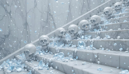 Ethereal Staircase with Skulls and Crystals in a Dreamlike Setting