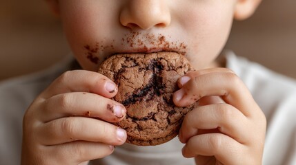 Close-up, child eating a chocolate cookie, crumbs on face and fingers, enjoying a sweet treat.