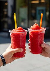A slightly top-down handheld photo of two people holding vibrant red frozen drinks in clear plastic cups, with one yellow-striped and one orange-striped paper straw. 