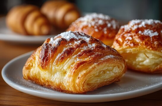 Freshly baked croissants and pastries on a wooden table, showcasing flaky textures, golden colors, and a delightful sprinkle of powdered sugar - Powered by Adobe