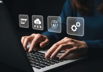 Typing on laptop with ai cloud sap and gears icons above hands