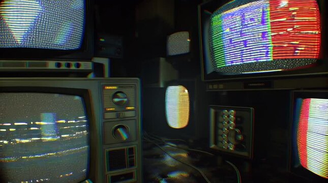 VHS style screengrab with surreal arrangement of old television sets with static noise on their screens, evoking nostalgic 1990s atmosphere perfect for retro edits and glitch art projects