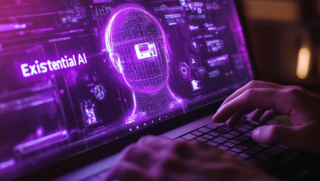A purple holographic chat interface on the screen displays the text "Existential AI" and an artificial intelligence character icon in white. Hands are typing at a keyboard against a dark background - Powered by Adobe