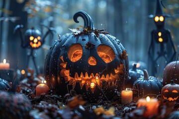 Obraz premium Illuminated carved pumpkins in a spooky autumnal setting.