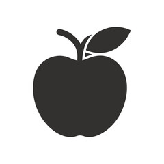 A simple black silhouette of a single apple with a leaf, fruit flat icon,  isolated on white background