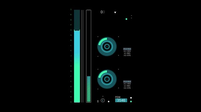 Animated futuristic user interface with loading bars and circular dials processing data. Sci-fi HUD overlay for technology or data analysis concepts - Powered by Adobe