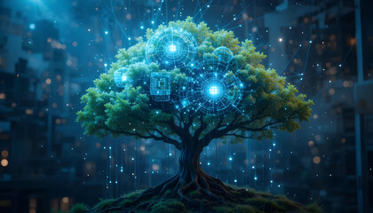 Futuristic Digital Tree with Glowing Circles in a Tech Landscape