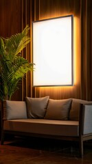 Cozy seating area with modern decor and bright light empty white blank fixture in a stylish interior setting