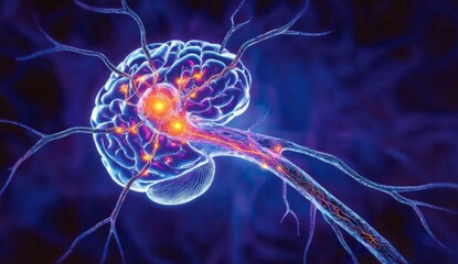 Fototapeta premium Realistic illustration of a brain with neural connections, symbolizing mental health and emotions. The background is dark blude