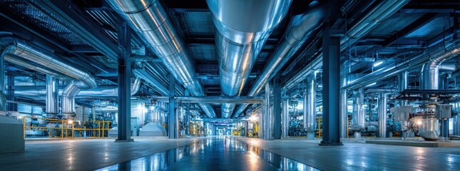 Obraz premium a large industrial facility with massive metal pipes, illuminated in blue lighting, emphasizing engineering and technology.