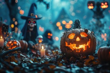 Obraz premium Illuminated carved pumpkin amidst a spooky Halloween scene.
