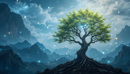 Majestic Tree in a Dreamlike Landscape with Mystical Atmosphere