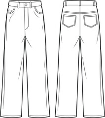 Women's Fashion Flat Sketch: Classic Straight-Leg Jeans with Five-Pocket Style, Versatile Denim Apparel Design for Casual, Everyday, and Timeless Street Style Illustration.
