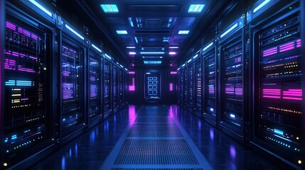 Fototapeta premium Futuristic Cyberpunk Data Center Server Room with Neon Blue and Purple Lights