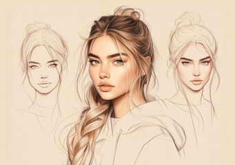 Fashion portrait of a girl with light brown hair and a pigtail hairstyle. Hand draw sketch illustration isolated on beige background