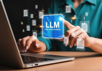 Person using laptop with llm interface and document icons