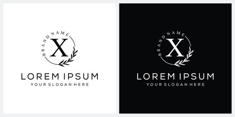 Initial letter X cosmetics fashion logo design, serif font graphic icon, leaves nature symbol concept