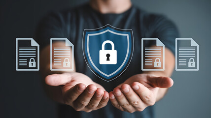 Man holds secured data, shield and lock protect documents, digital privacy and cybersecurity for sensitive information in safe keeping.