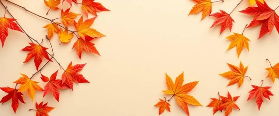 Pastel beige background, autumn maple leaf frame, food photography mockup ,  product photography,  november