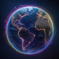 Closeup earth Orbit satellite mesh network visualized as glowing lines wrapping around Earth against dark starfield background copy space