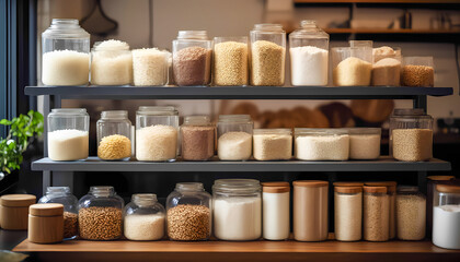 Various cereals and dry goods in glass jars on shelves