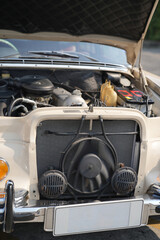 The engine and battery compartment of a classic car, with its detailed mechanical and electrical...