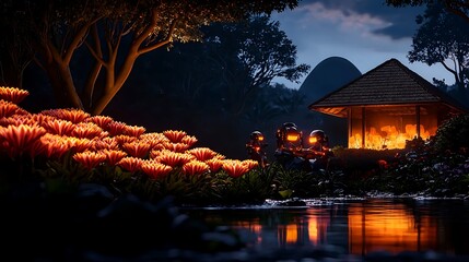 Serene evening scene with glowing flowers and a cozy hut by a tranquil river in nature