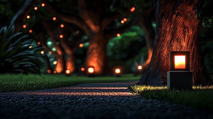 Serene evening pathway illuminated by glowing lanterns beneath lush trees in a tranquil garden