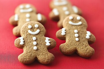 Gingerbread men cookies with frosting on a red surface, perfect for holiday treats and festive gatherings.