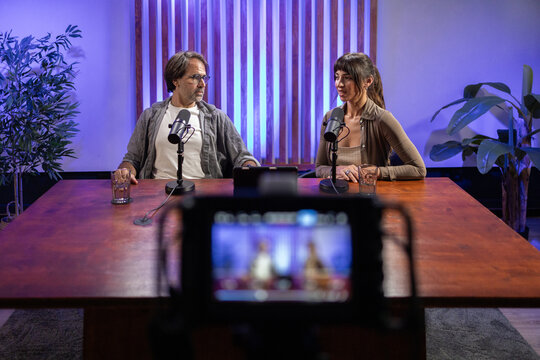 Professional podcast recording studio setting