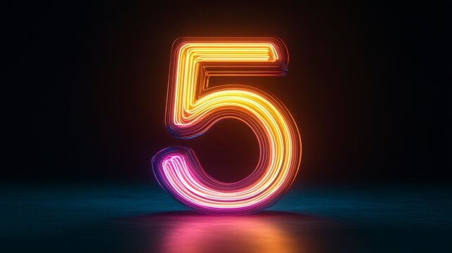 Glowing neon number five on dark background.