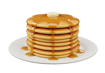 Isolated Stack of Pancakes with Maple Syrup and Banana Slice