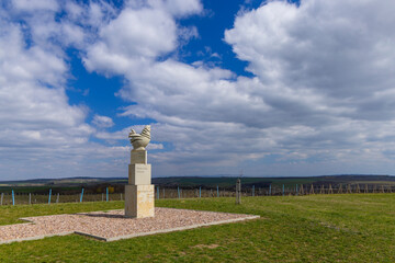 Rooster statue overlooking vineyards in Velke Bilovice, Czechia, under cloudy sky
