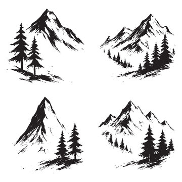 White background brush-style mountain and pine tree sketches, clean and high contrast with rugged natural elements.