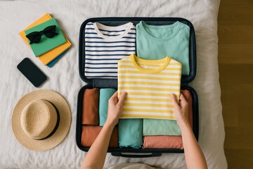 Woman meticulously packs bright summer clothing into a suitcase, preparing for a sunny vacation with essential travel accessories laid out beside.