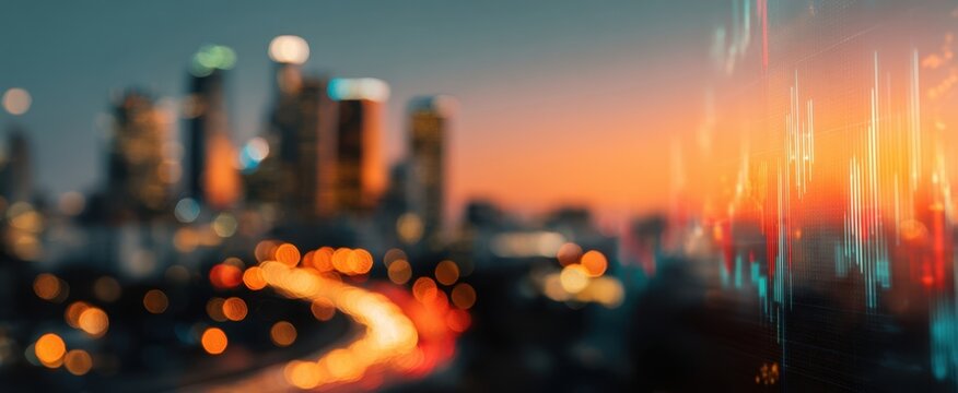 The vibrant city skyline with digital data overlay during sunset.