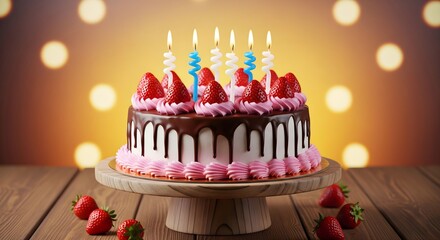 Strawberry chocolate birthday cake with candles on wooden table