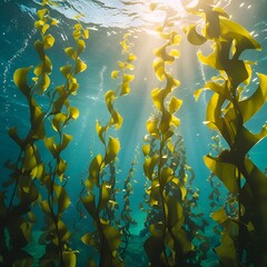 Underwater tall green yellow seaweed waving gently in crystal-clear ocean, sunbeams through blue water, serene marine landscape background copy space illustration fantasy warm lighting