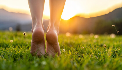 Bare feet walking on green grass during a beautiful sunset