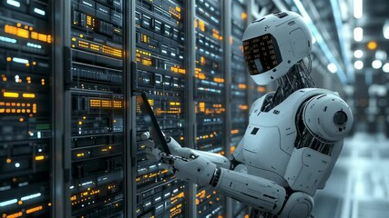 An IT engineer robot working side by side with an AI-powered robotic assistant in a cutting-edge server center, a seamless blend of human and artificial intelligence - Powered by Adobe