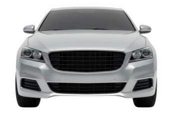 Silver sedan car front view isolated on transparent background in studio shot