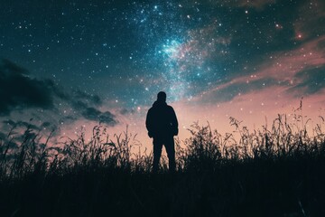 A silhouette of a person standing in a field under a starry night sky with pink and blue hues