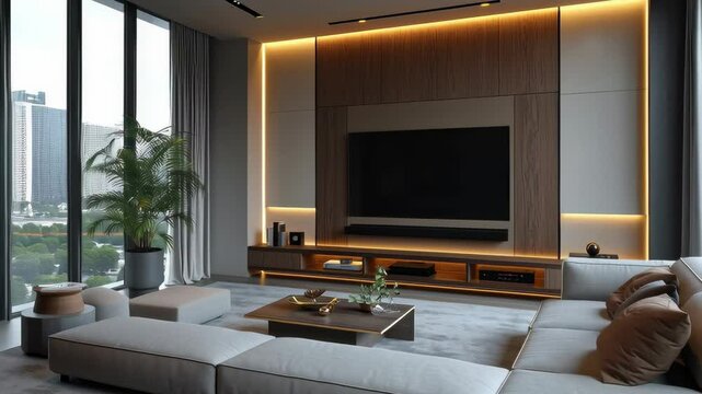 big tv unit in spacious room. Luxury home interior design of modern living room