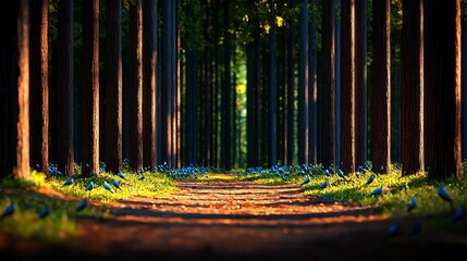 Serene forest pathway lined with tall trees and vibrant blue flowers under soft sunlight