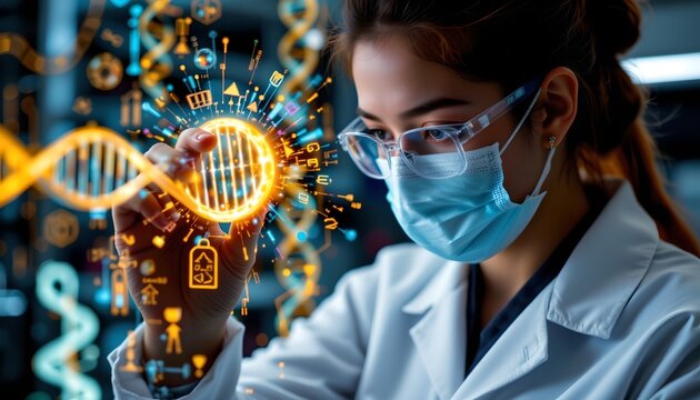 Scientific researcher analyzing dna data in laboratory digital visualization high-tech environment close-up view - Powered by Adobe