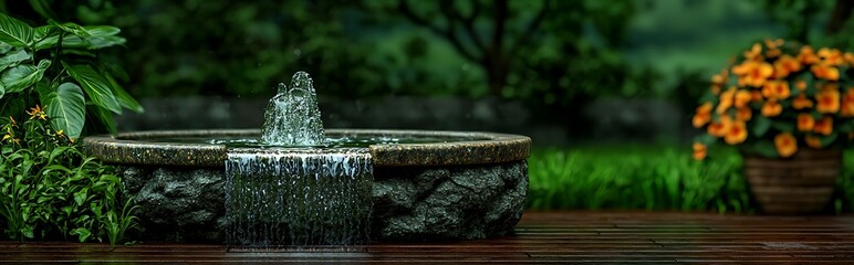 Serene garden fountain surrounded by vibrant flowers and lush greenery in a tranquil setting