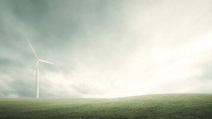 Obraz premium Wind turbine on a grassy field under a cloudy sky, representing green energy and sustainability.