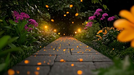 Serene garden pathway illuminated by glowing particles, surrounded by vibrant flowers at dusk